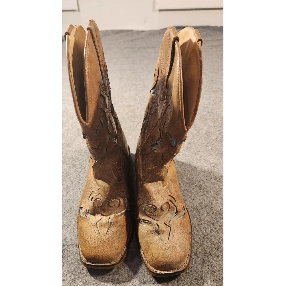 Roper Boots Girls Size 3 Brown Western Cowboy‎ Square Toe Blue Glitter Inlay